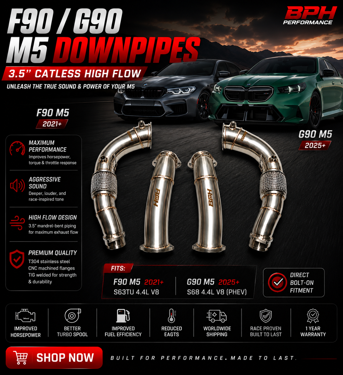 BMW S68 G90/G99 M5 FREE FLOW RACE DOWNPIPES - G90 M5/G99 M5